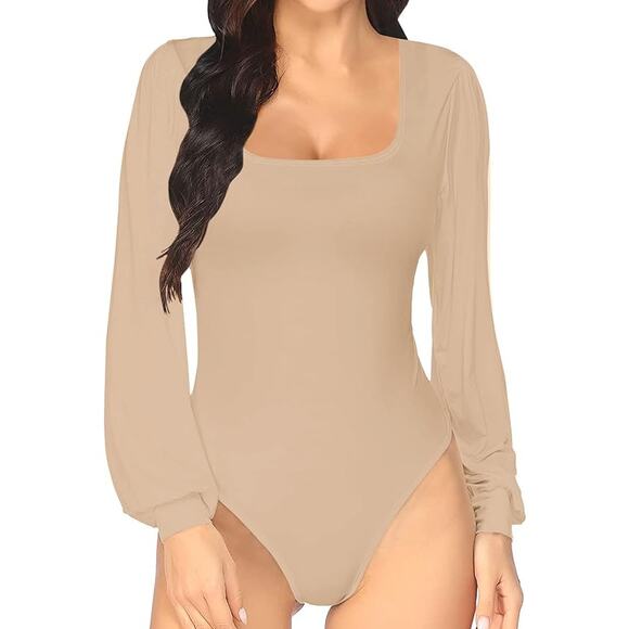 MANGOPOP NWT Beige Nude Square Neck Puff Lantern Long Sleeve Bodysuit Sz L - Picture 10 of 10